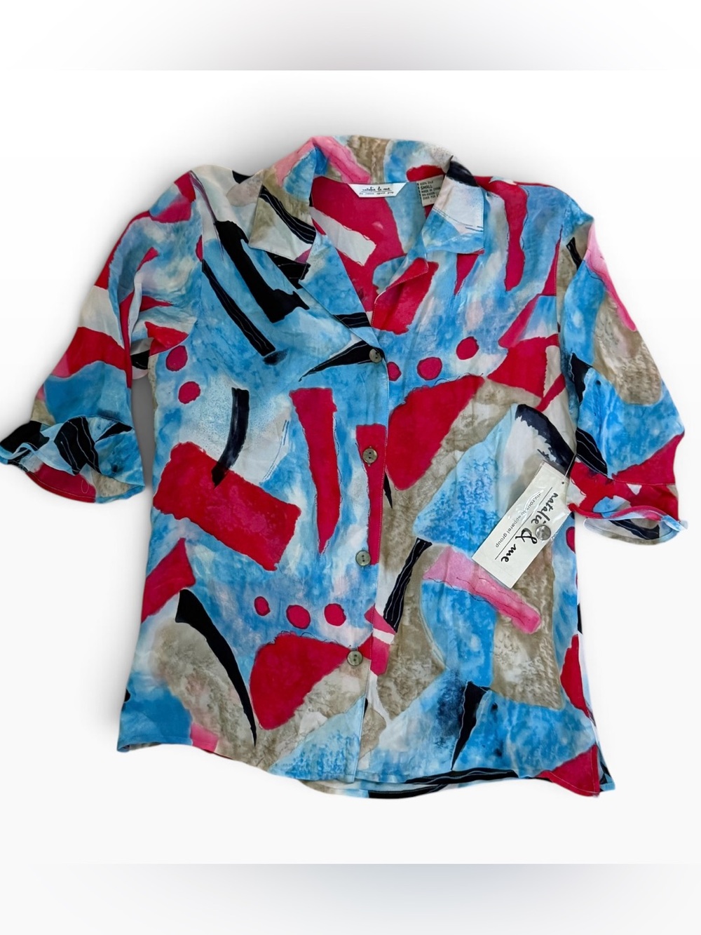 Natalie & Me Vintage Abstract Silk Button-Up Blouse Women’s Small 3/4 Sleeve